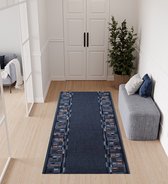 Tapiso Tapijtloper Antislip – Klassiek Geometrisch Donkerblauw – Gangloper Keukenloper Rubber Onderkant op Maat- 100x100