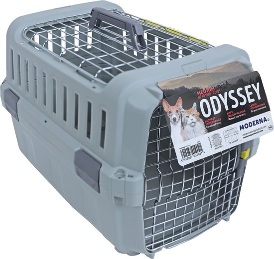 Medium lichtgrijze reismand 'Odyssey' met metalen deur en ventilatie, met opdruk van honden en katten.