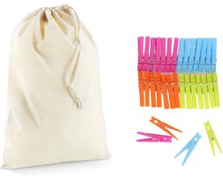 Wasknijperzakje / tasje met afsluitkoord en 32 plastic wasknijpers in verschillende kleuren - knijperzak / opbergtas