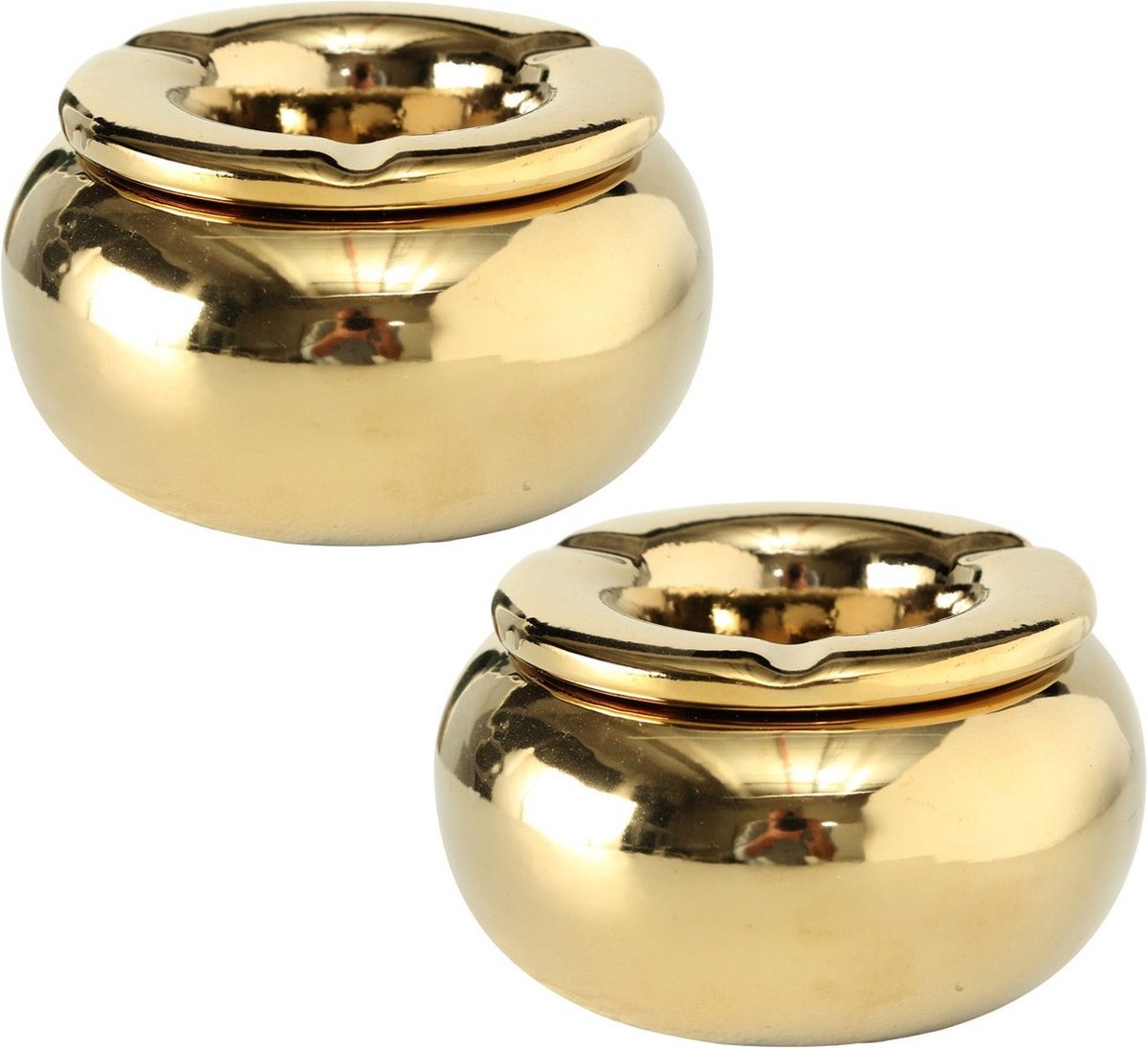 Goedkoopste 2x stuks Terras storm asbak metallic goud kleur 14 cm breed - Geschikt voor binnen en buiten