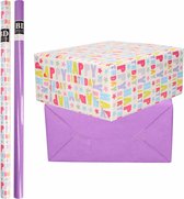 6x Rollen kraft inpakpapier happy birthday pakket - paars 200 x 70 cm - cadeau/verzendpapier
