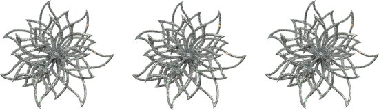 3x stuks decoratie bloemen kerststerren zilver glitter op clip 14 cm - Decoratiebloemen/kerstboomversiering