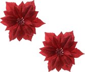 2x stuks decoratie bloemen kerststerren rood glitter clip 24 cm - Decoratiebloemen/kerstboomversiering/kerstversiering