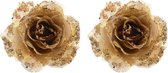 4x roses pailletées dorées avec clip 14 cm - Noël/ décoration fleurs artificielles