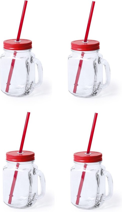4x stuks Glazen Mason Jar drinkbekers rode dop en rietje 500 ml - afsluitbaar/niet lekken/fruit shakes