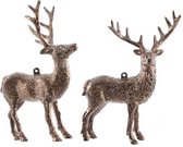 2x Kersthangers figuurtjes hertje met glitters koperbruin 14 cm - Herten dieren thema kerstboomhangers