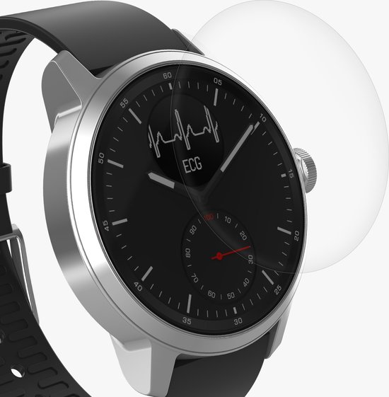 Zwarte smartwatch met ECG-display en een licht gebogen screenprotector die deels zichtbaar is.