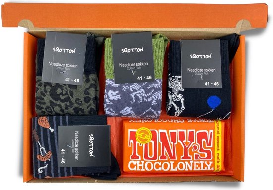 Vrolijke sokken met chocolade - Giftbox - Cadeau - After Party - Oranje- Maat 36-40