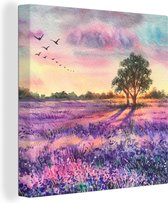 Canvas - Schilderij - Lavendel - Verf - Bloemen - Vogel - Bomen - Schilderijen op canvas - 20x20 cm - Foto op canvas - Wanddecoratie