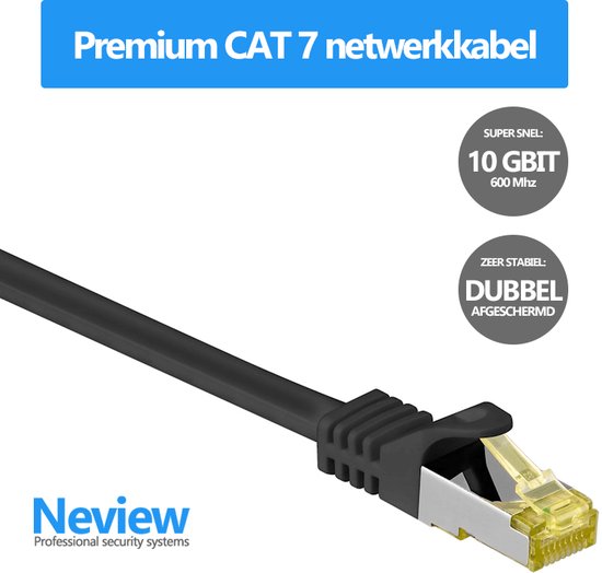 Neview - Cat 7 S/FTP netwerkkabel - 100% koper - 25 cm - Zwart - Dubbele afscherming - Cat 7 Internetkabel