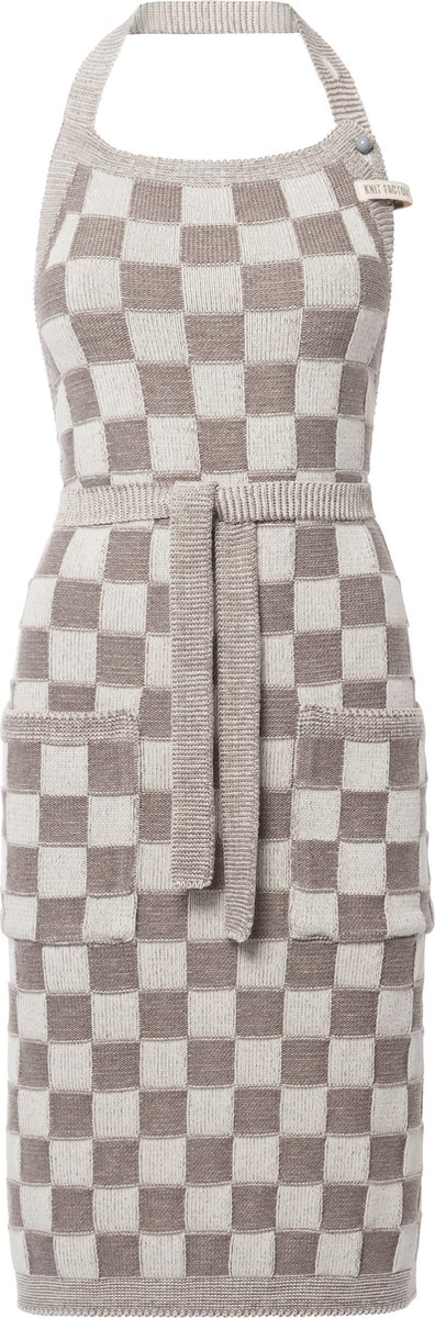Knit Factory Gebreide Keukenschort Dames & Heren - Kookschort - Kokssloof - Keukensloof - Koksschort - Barbecue schort Block - Ecru/Taupe - Bruin - One Size - Met steekzakken