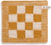 Knit Factory Gebreide Pannenlap Block - Pannenlappen gemaakt van 50% katoen & 50% acryl - Blokken motief - Traditionele look - 1 stuk - Ecru/Oker - 23x23 cm