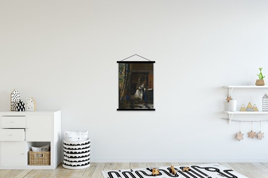 Posterhanger incl. Poster 60x80 cm - Schoolplaat - Alrie op het geloof - Johannes Vermeer - Textielposter - Zwarte latten