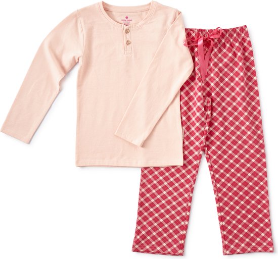 Little Label Pyjama Meisjes Maat 122-128/8Y - roze, fuchsia - Geruit - Pyjama Kind - Zachte BIO Katoen