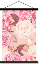 Posterhanger incl. Poster 40x60 cm - Schoolplaat - Rozen - Wit - Roze - Druppels - Textielposter - Zwarte latten