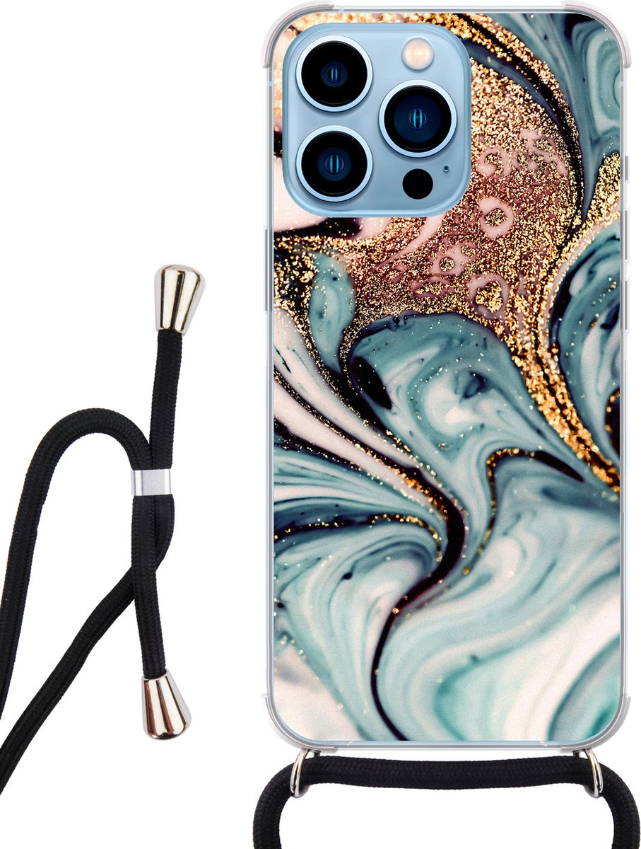 Hoesje met koord - Geschikt voor iPhone 13 Pro - Marmer blauw swirl - Verstelbaar zwart koord - Transparant, Blauw, Goud - Marmer - Leuke Telefoonhoesjes