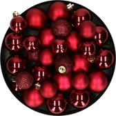 Kerstversiering kunststof kerstballen donkerrood 6-8-10 cm pakket van 46x stuks - Kerstboomversiering