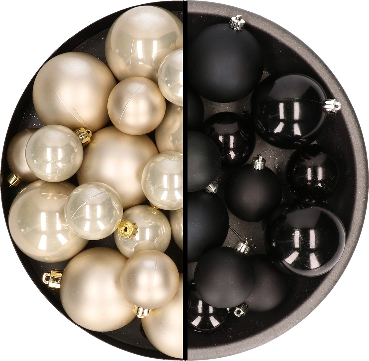 Kerstversiering kunststof kerstballen kleuren mix zwart/champagne 4-6-8 cm pakket van 68x stuks