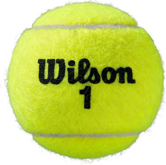 Gele tennisbal met zwarte tekst 'Wilson 1'.