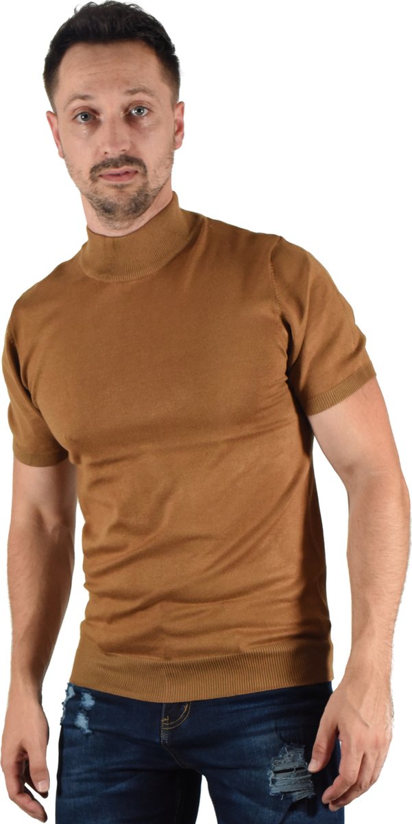 FRILIVIN - Turtleneck T-Shirt Heren - Bruin - T-Shirt Korte Mouwen - Licht Knitwear - Muscle Fit - Slim Fit - Ronde Hoge Hals - Maat M