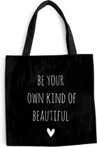 Sac bandoulière - Sac de plage - Shopper Citation anglaise Be your own kind of beautiful avec un coeur sur fond noir - 45x45 cm - Sac en coton