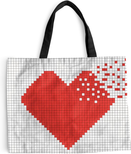 MuchoWow® Schoudertas - Strandtas - Big Shopper - Boodschappentas - Hart - Pixel - Rood - 50x40 cm - Katoenen tas