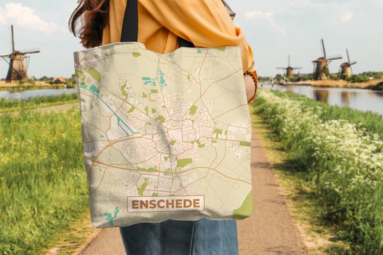 MuchoWow® Schoudertas - Strandtas - Big Shopper - Boodschappentas - Stadskaart - Enschede - Vintage - 45x45 cm - Katoenen tas