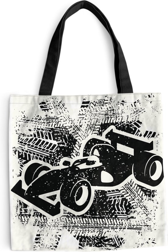 MuchoWow® Schoudertas - Strandtas - Big Shopper - Boodschappentas - Een kunstzinnige illustratie van een zwart-witte racewagen uit de Formule 1 - 40x40 cm - Katoenen tas