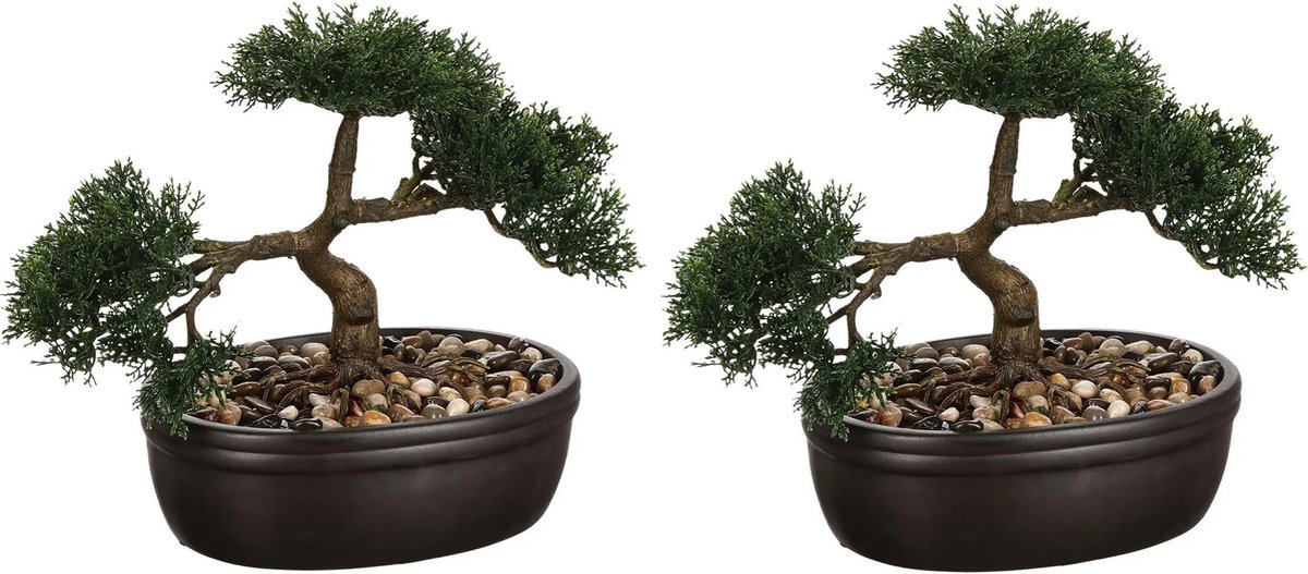 Atmosphera Kunstplant Bonsai boompje - Set van 2x stuks - 23 cm - in keramische - nepplant - boom Zwart