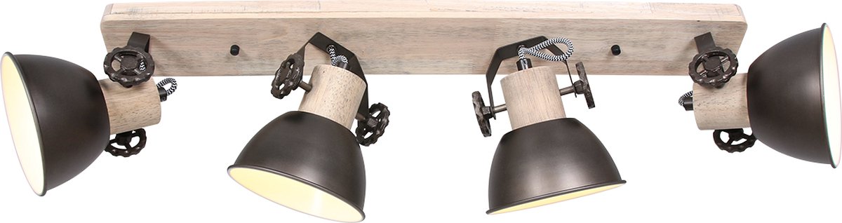 Landelijke plafondspot Gearwood | 4 lichts | bruin / grijs / zwart | hout / metaal | 90 cm | eetkamer / woonkamer / slaapkamer lamp | modern / industrieel / robuust / stoer design