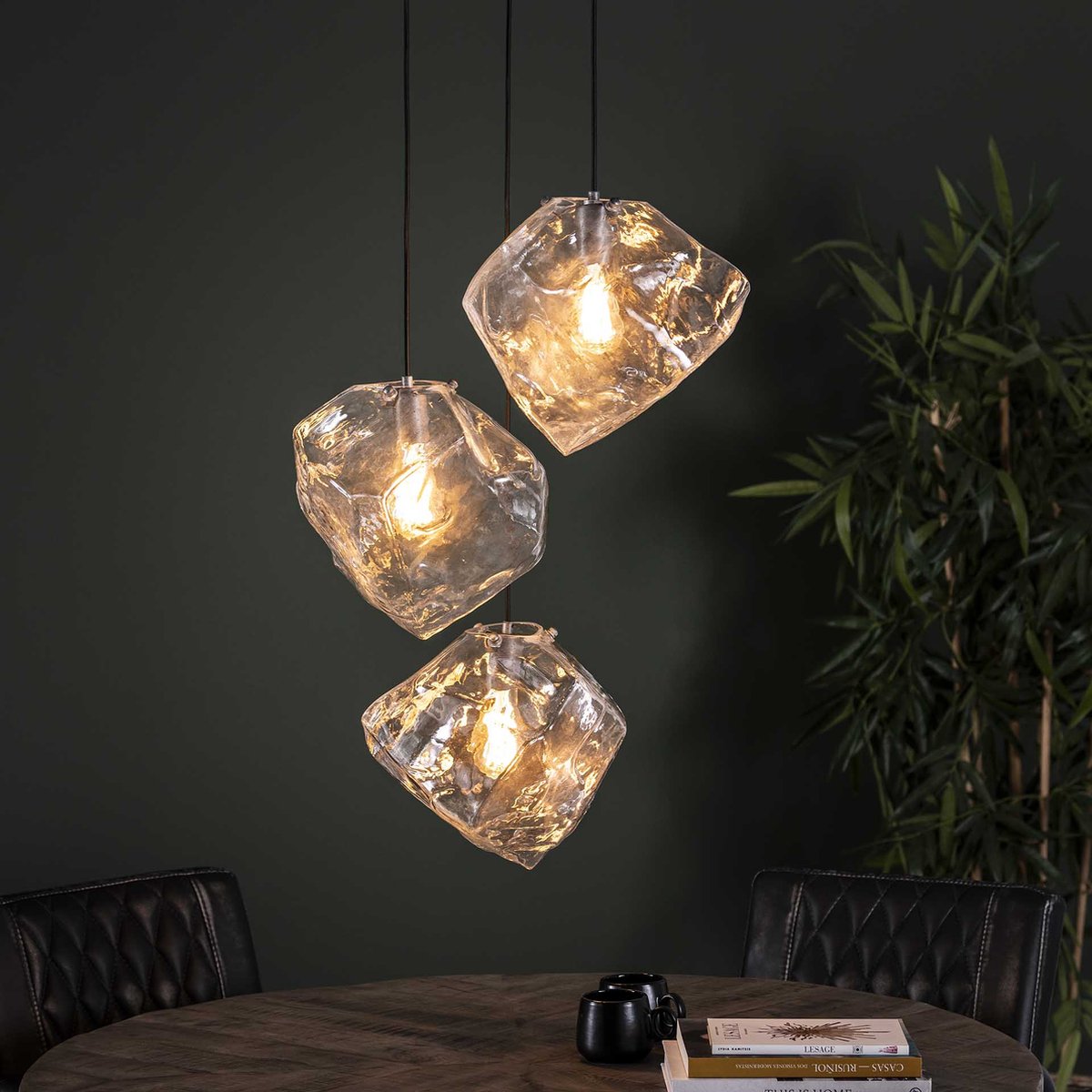 Hanglamp Rock getrapt transparant glas | 3 lichts | charcoal / grijs / zwart | glas / metaal | 150 cm hoog | eetkamer / woonkamer lamp | modern / sfeervol design