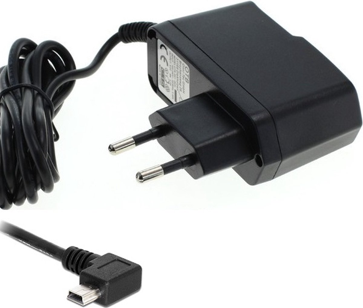 USB Mini B thuislader met vaste kabel en haakse connector (naar links) - 1A / zwart - 1,2 meter