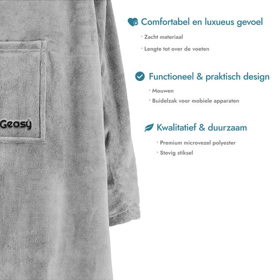 Lichtgrijze fleece deken met mouwen, 'Geasy' logo op de borstzak, comfortabel en luxueus materiaal.