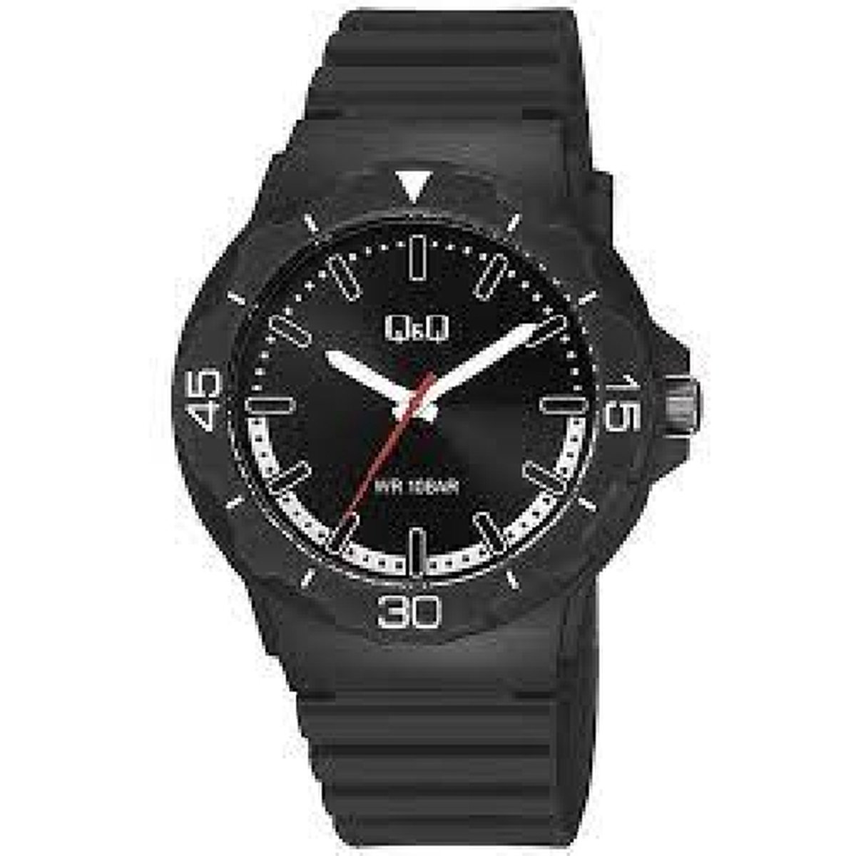 QQ V02A-004VY - Horloge - Sport - Analoog - Heren - Mannen - Plastic band - Rond - Streepjes - Kunststof - Zwart - Wit - 10 bar waterdicht