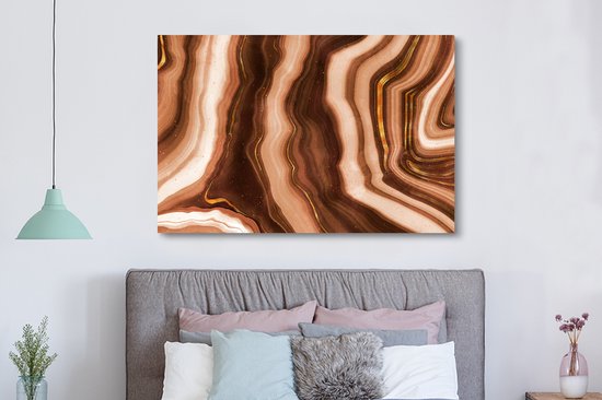 Canvas schilderij 150x100 cm - Wanddecoratie Agaat - Bruin - Goud - Geode steen - Muurdecoratie woonkamer - Slaapkamer decoratie - Kamer accessoires - Schilderijen