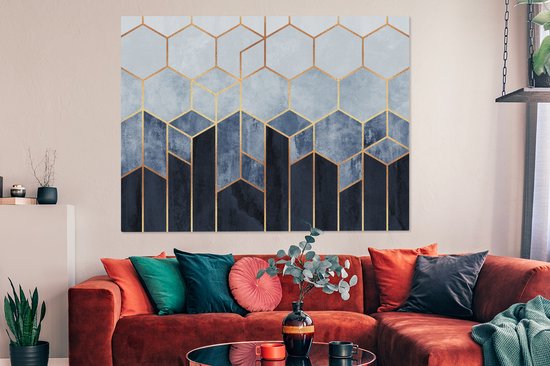 Toile Peinture Hexagone - Gold - Luxe - Motifs - 160x120 cm - Décoration murale XXL