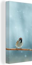 Canvas Schilderij Vogels - Mus - Sneeuw - Winter - 40x80 cm - Wanddecoratie