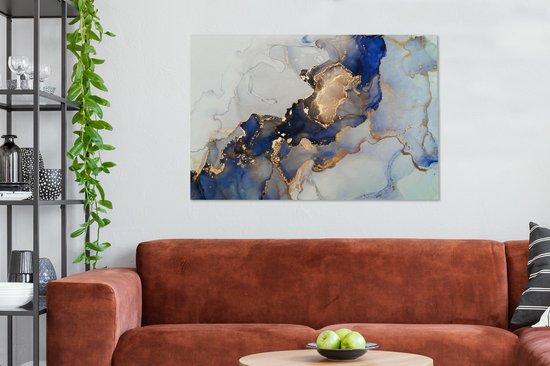 Toile Peinture Marbre - Blauw - Or - 140x90 cm - Décoration murale