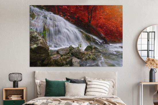 Toile Peinture Cascade - Rochers - Water - Automne - 180x120 cm - Décoration murale XXL