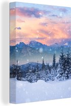 Canvas Schilderij Sneeuw - Lucht - Bos - Winter - 60x80 cm - Wanddecoratie