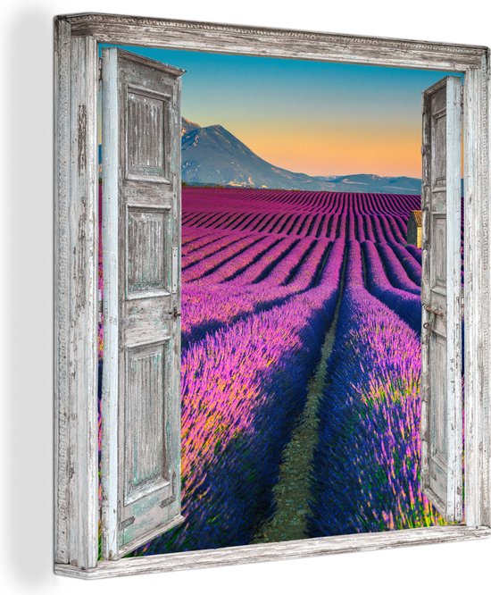 Canvas Schilderij Lavendel - Zomer - Doorkijk - Bloemen - 50x50 cm - Wanddecoratie
