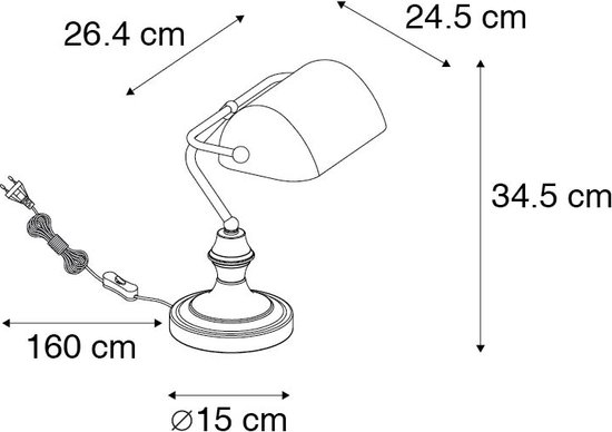 Dessin technique d'une lampe de banquier avec dimensions : H 34.5 cm, 26.4 cm, 24.5 cm, 15 cm de diamètre, cordon de 160 cm.