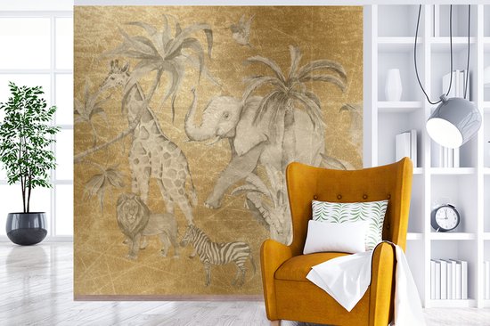 Papier Peint - Papiers Papier peint photo Palmiers - Éléphants - Enfants - Or - Largeur 240 cm x Hauteur 240 cm
