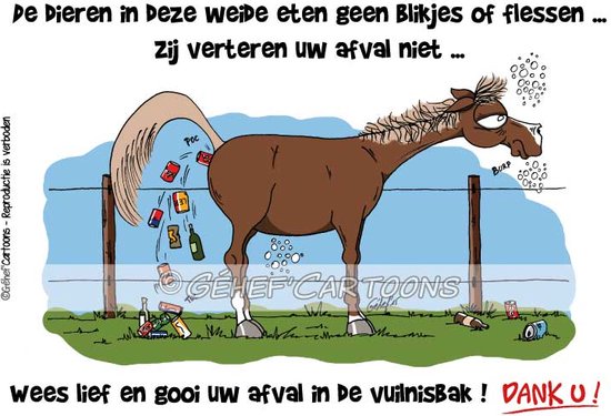 Foto: Humoristische bordjes paard vuilnisbak