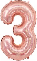 Ballon Cijfer 3 Jaar Rose Goud Helium Ballonnen Verjaardag Versiering Feest versiering Met Rietje Glitter - 86Cm