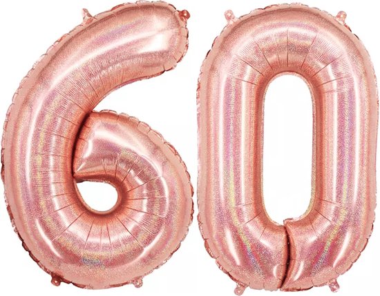 Ballon Cijfer 60 Jaar Rose Goud Helium Ballonnen Verjaardag Versiering Feest versiering Met Rietje Glitter - 86Cm