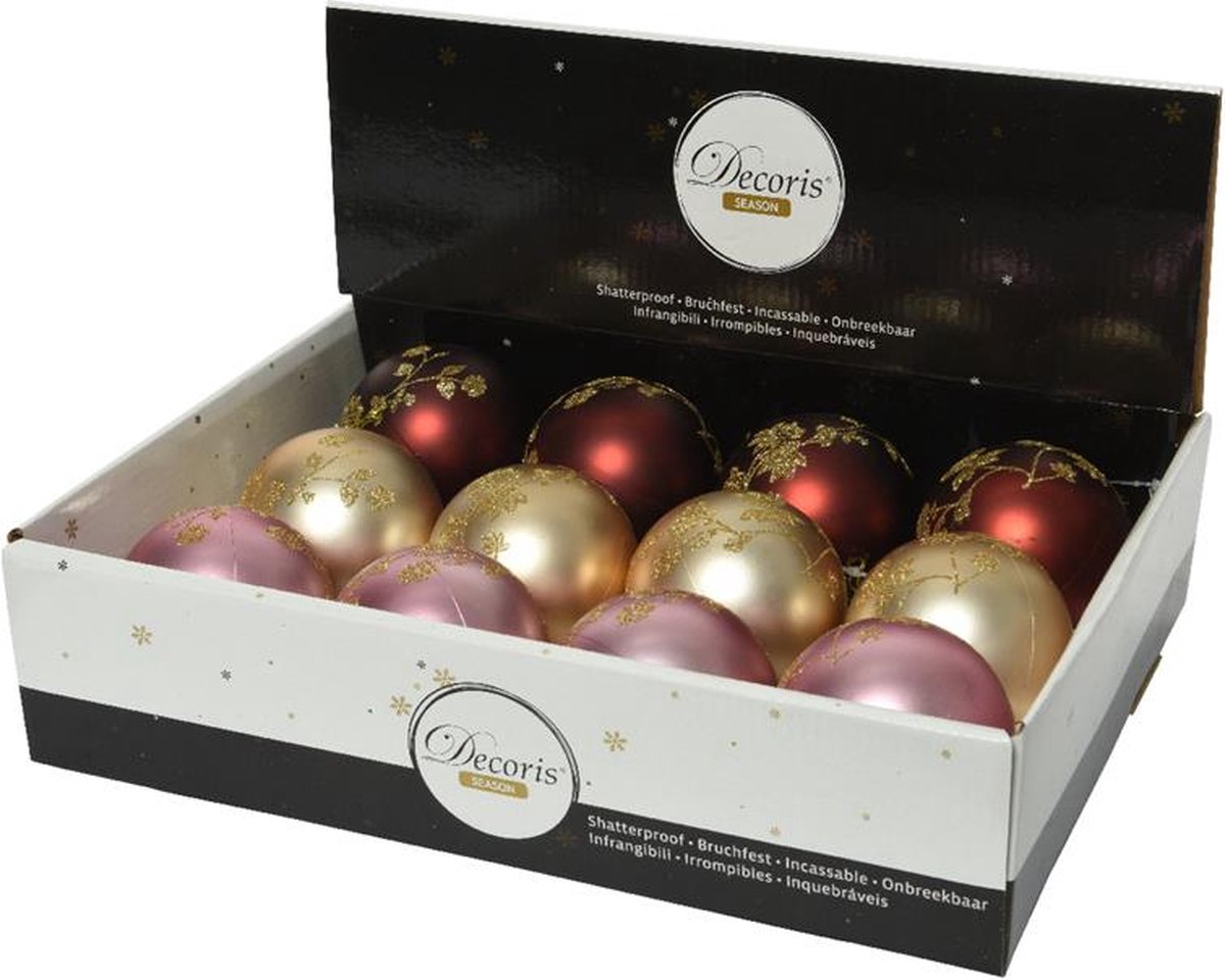 Kunststof kerstballen Ø8cm in mat butterscotch, redwood en roze, 12 stuks in doos van Decoris.