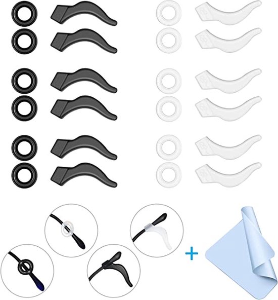 BOTC Siliconen Anti-Slip Earhooks - 6 Pairs Black/White Ear Shaped Glasses Ear Hooks - 1 chiffon à lunettes/couleur aléatoire