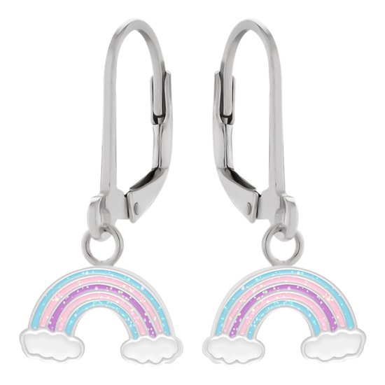 Oorbellen meisje | Zilveren kinderoorbellen | Zilveren oorhanger, regenboog in blauw, roze en paars met wolkjes en glitter
