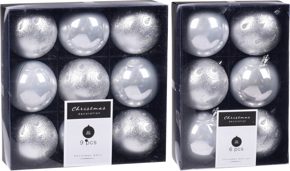Kerstversiering kunststof kerstballen zilver 6 en 8 cm pakket van 30x stuks - Kerstboomversiering - Luxe finish motief